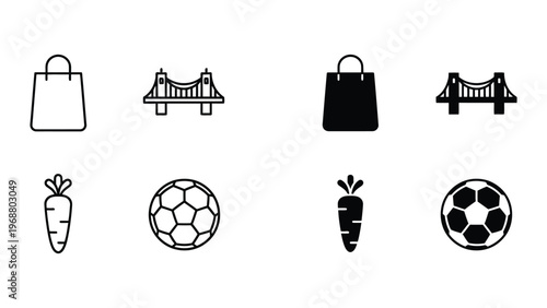 Contrasting icons of shopping bags, landmarks, vegetables, and sports balls in black and white