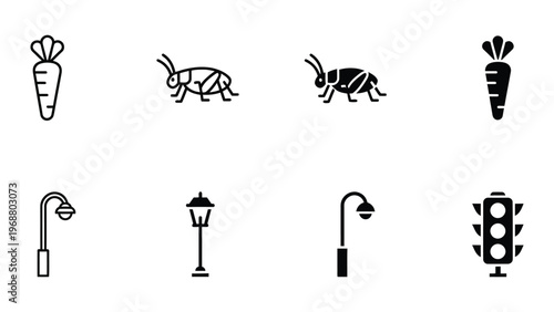 Whimsical icons of vegetables, insects, and urban fixtures in a stylized black and white design