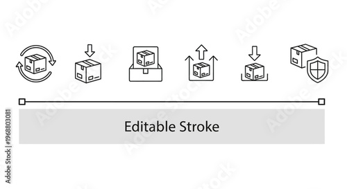 Editable Stroke Line Icons for Shipping, Delivery, and Return Process on Isolated White Background