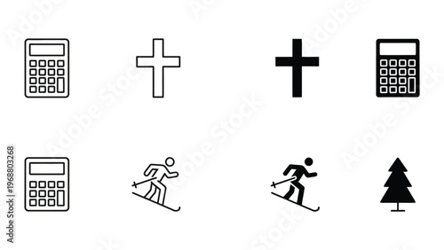 Combination of icons depicting winter sports, mathematics, and religious symbols