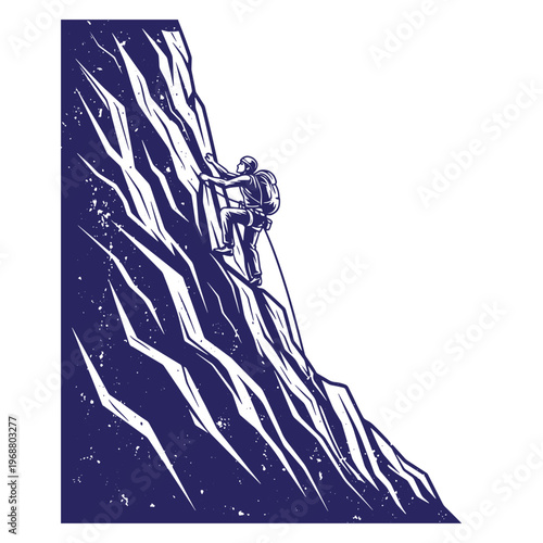 Silhouette of a rock climber ascending a steep mountain cliff face with a backpack and climbing rope in a dark blue and white duotone style with a textured grit effect