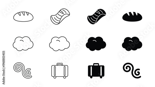 Variations of bread, clouds, suitcases, and swirls in contrasting black and white styles