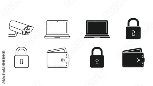 Icons representing security and surveillance for digital and physical assets