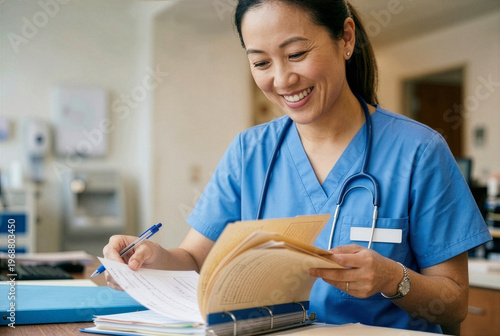 Smiling Asian nurse in blue scrubs reviewing patient records in a hospital, healthcare workforce concept for World Health Day.