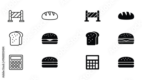 Contrasting icon sets of food items and office equipment in black and white