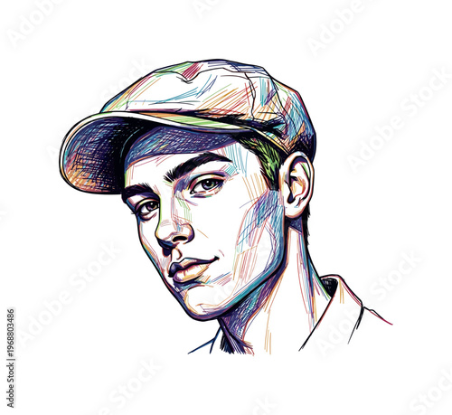 Stylish young man wearing a flat cap, rendered in vibrant, colorful sketch lines