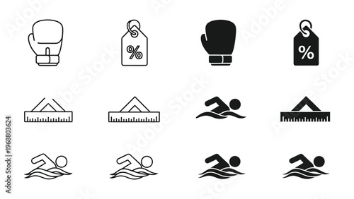 Icons representing boxing, swimming, and percentage discounts with stadiums