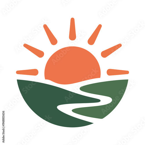 Orange sun rising over green hills with winding white river sunrise morning