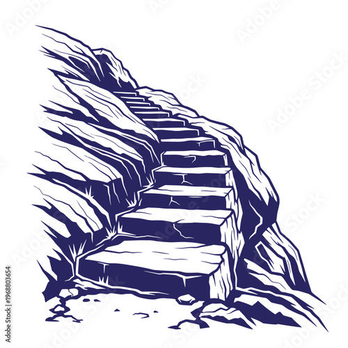 Dark blue ink of stone stairs carved into a rocky mountain cliffside with jagged textures and steep incline isolated on a white background