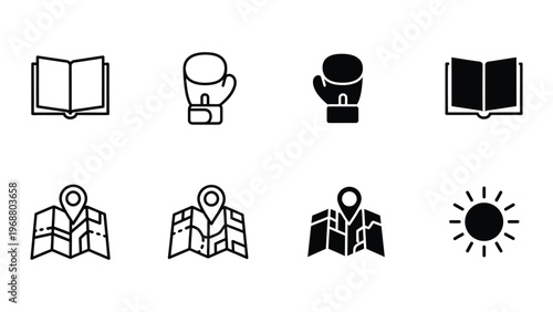Collection of icons representing knowledge, travel, and positivity