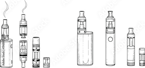 Detailed Hand Drawn Vector Illustration Set Of Modern Electronic Cigarettes And Vaping Devices Featuring Various Tanks Mods Pods And Smoke