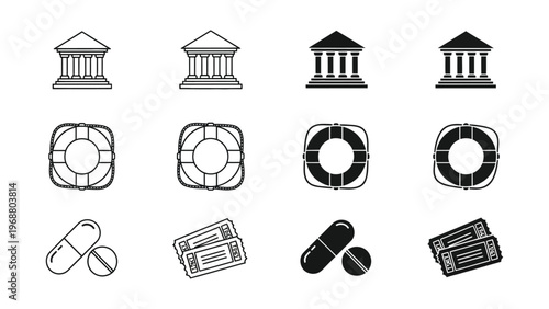 Collection of classical architectural and medical symbols with lifesaving icons