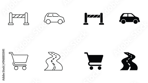 Contrasting icons of vehicles, barriers, shopping carts, and pollution