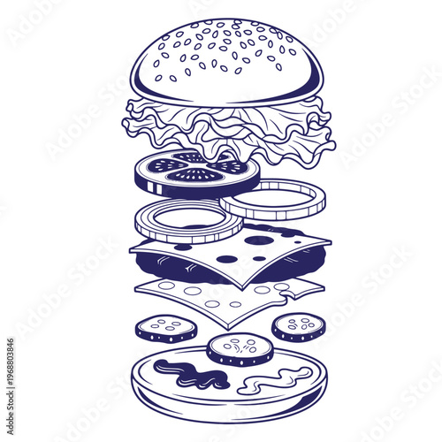 Dark blue line of a disassembled cheeseburger with stacked ingredients including sesame seed bun lettuce tomato onion swiss cheese beef patty pickles and condiments on white background