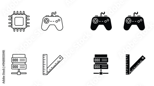 Comparison of technology and gaming icons with measurement tools