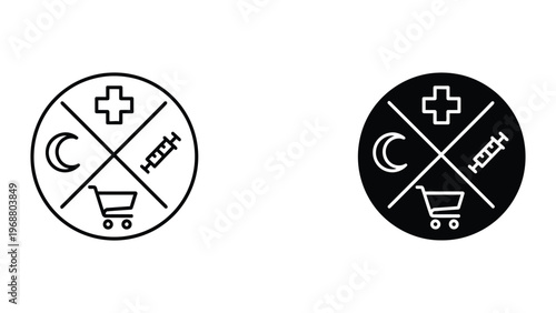 Contradictory symbols depicting medical, shopping, and nighttime concepts with prohibition signs
