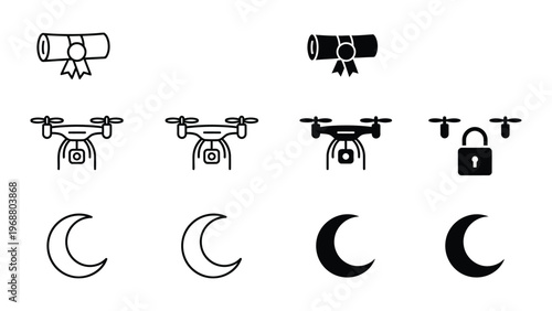 Icons depicting drones, telescopes, and moon phases in varying styles