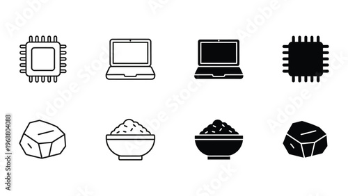 Contrast between modern technology and traditional food sources depicted through icons