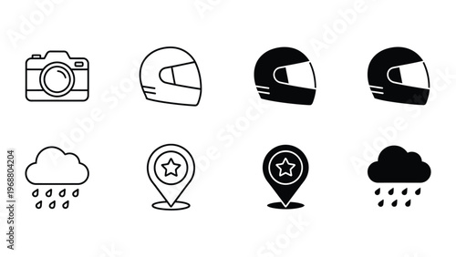 Collection of icons representing adventure, photography, weather, and location highlights