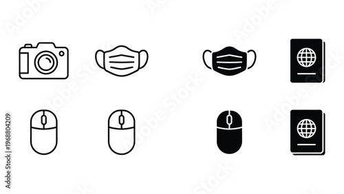Collection of icons representing travel, health, and technology essentials