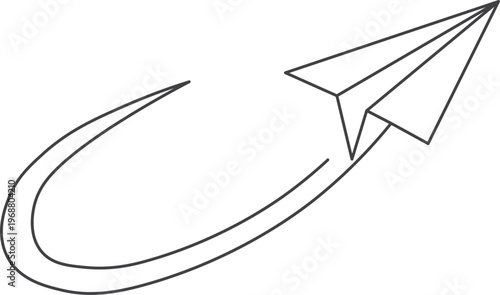 Contemporary minimal travel icon, paper plane with long curved trail in continuous line style