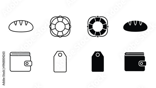 Variations of wallet icons and bread loaf symbols in black and white designs