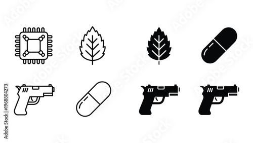 Contrasting icons depicting technology, nature, medicine, and weaponry