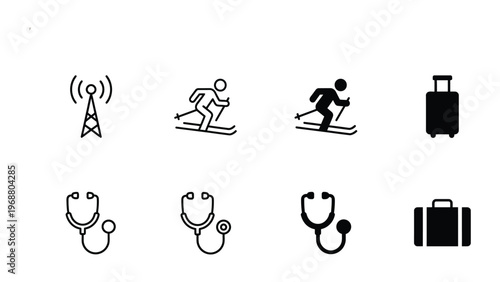 Icons representing travel, health, and communication with skiing and medical themes