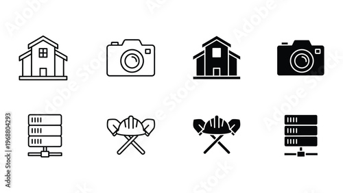 Contrasting icon pairs of housing, photography, servers, and fishing equipment in black and white