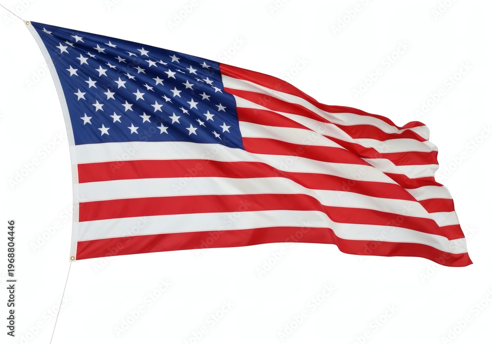 Fototapeta premium American flag waving in the wind during sunny weather at a public location