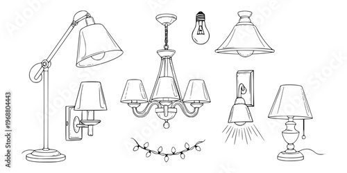 Hand-drawn set of lamps and lighting fixtures in simple line style on white background, concept of home illumination
