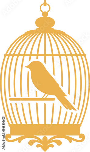 A golden bird sitting inside a decorative birdcage with a white background