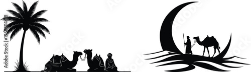 Desert silhouette palm trees camels and rocky landscape at sunset