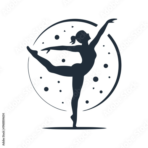 Silhouette of a female ballet dancer performing an arabesque in front of a white speckled circle
