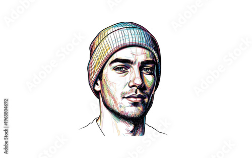 Stylized portrait of a young man wearing a colorful beanie and looking forward