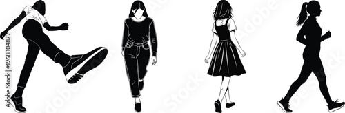 Four silhouetted women in dynamic walking poses black and white illustration