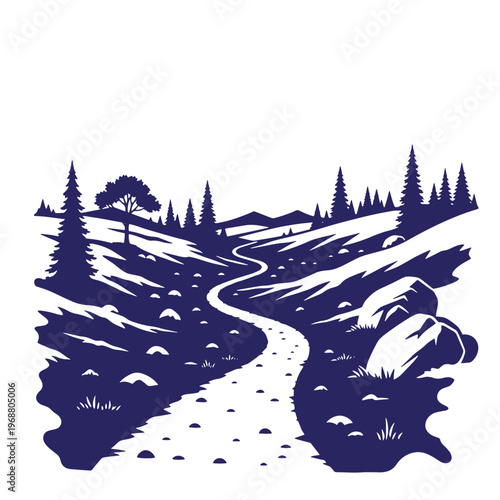 Dark blue silhouette of a winding dirt path leading through a pine forest with rocky terrain and distant mountains against a white background