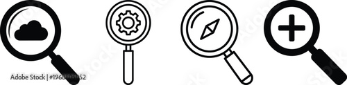 Four magnifying glasses with different symbols inside black and white
