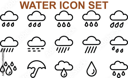 Water icon set with clouds rain drops and umbrella on white background