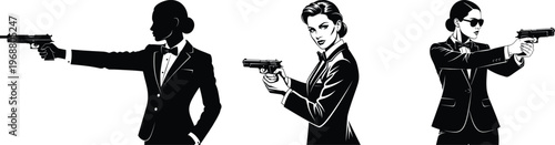 Matrix inspired silhouette three agents in iconic poses with firearms