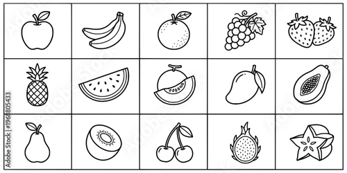 Kids fruit coloring page outline illustration grid set