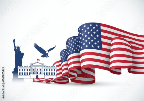 Artwork shows American symbols like the flag, the White House, the eagle, and the Statue of Liberty in a simple design