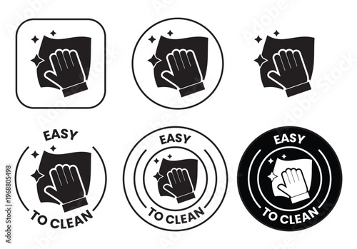 Easy to Clean Icon Set: Black and White Maintenance Symbols with Hand and Wiping Cloth for Product Packaging and Hygiene Labeling