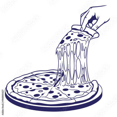 Hand lifting a slice of pepperoni pizza with long strings of melted mozzarella cheese stretching from the crust in a blue line