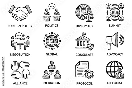 A set of vector icons illustrating global politics and diplomacy on transparent background