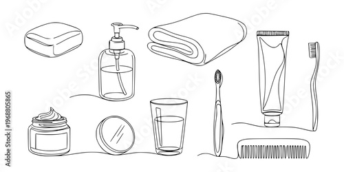 Bathroom items shown in simple line style on white background, concept of daily routine hygiene care skin