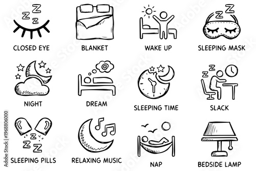 A set of vector icons illustrating various sleep-related concepts on transparent background