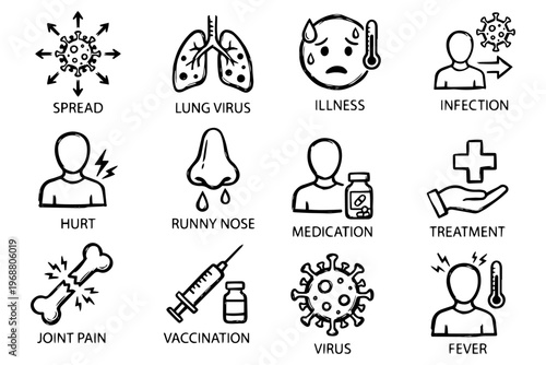 A vector graphic illustration of various medical icons related to illness and treatment on transparent background
