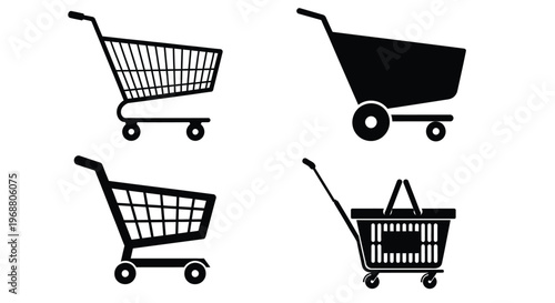 Black silhouette icons depicting various shopping carts and handheld baskets