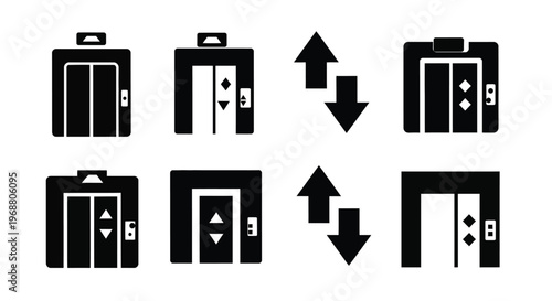Black and white icons depicting various elevator styles and directional arrows